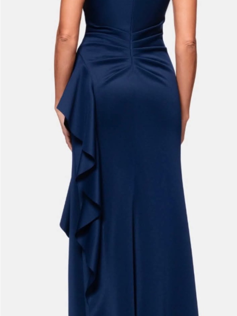 NWT Xscape Midnight Blue One-Shoulder Scuba Ruffle Sheath Dress Gown $248 SZ 4P - Picture 3 of 10